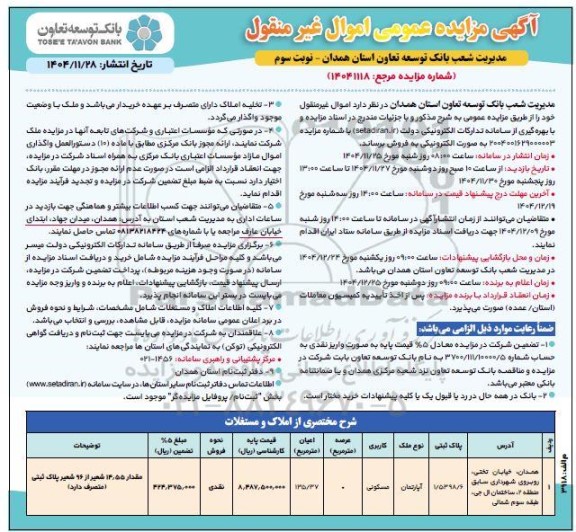 مزایده فروش املاک و مستغلات - نوبت سوم