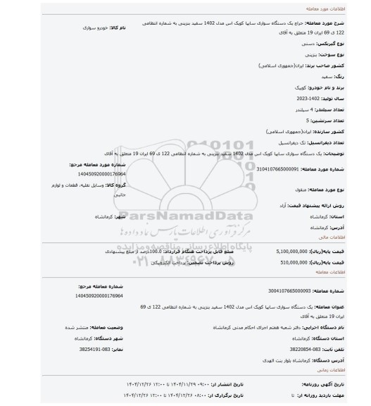 مزایده، یک دستگاه سواری سایپا کویک اس مدل 1402 سفید بنزینی به شماره انتظامی 122 ی 69 ایران 19 متعلق به آقای