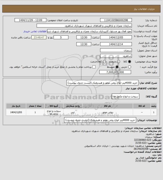 استعلام خرید 4000لیتر انواع روغن موتور و هیدرولیک (لیست جدول پیوست)