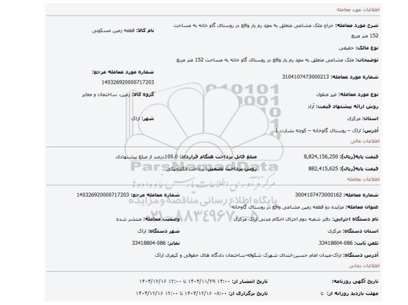 مزایده، ملک مشاعی متعلق به محمد رم یار واقع در روستای گاو خانه به مساحت 152 متر مربع
