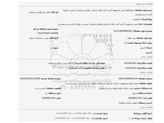 مزایده، قطعه زمین مشهوربه آرخین آلتی کمال ابادیانی مطابق مشخصات مندرج در نظریه کارشناسی پیوستی