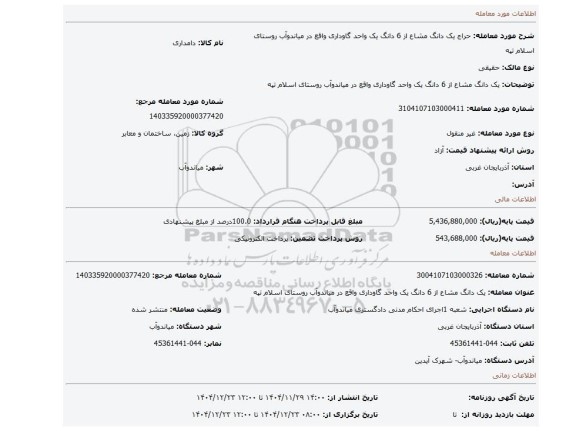 مزایده،  یک دانگ مشاع از 6 دانگ یک واحد گاوداری واقع در میاندوآب روستای اسلام تپه
