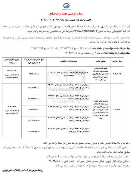 مزایده واگذاری بخشی از پساب تصفیه خانه فاضلاب 