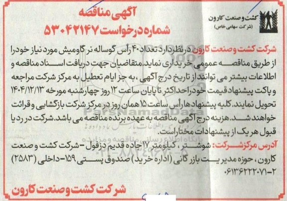 مناقصه تعداد 40 راس گوساله نر گاومیش 