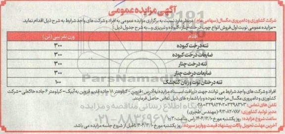 مزایده عمومی فروش انواع چوب درختان چنار، کبوده و تبریزی و...