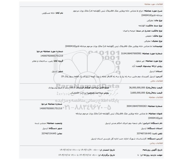 مزایده، ط تحتانی خانه ویلایی ملک فاقدپلاک ثبتی (قولنامه ای) مالک وراث مرحوم عباداله فاتح(0400416)