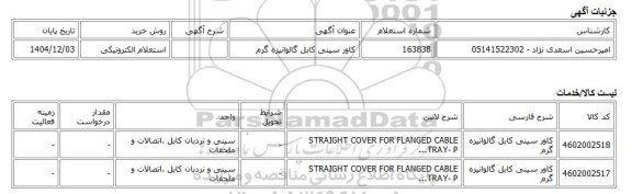 استعلام الکترونیکی، کاور سینی کابل گالوانیزه گرم