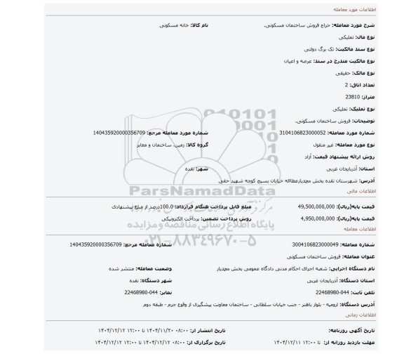 مزایده، فروش ساختمان مسکونی.