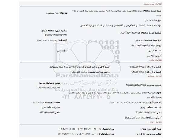 مزایده،  املاک بپلاک ثبتی 303فرعی از 433 اصلی  و پلاک ثبتی 333 فرعی از 433 اصلی