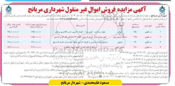 آگهی مزایده فروش اموال غیر منقول