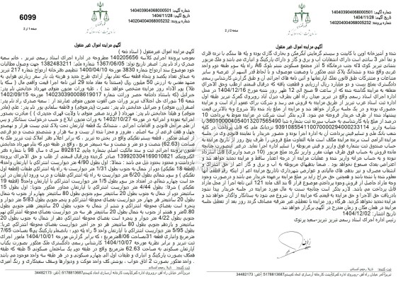 مزایده ششدانگ یک قطعه آپارتمان تحت پلاک ثبتی بیست هزار و نهصد و چهل و هفت فرعی از سه اصلی 