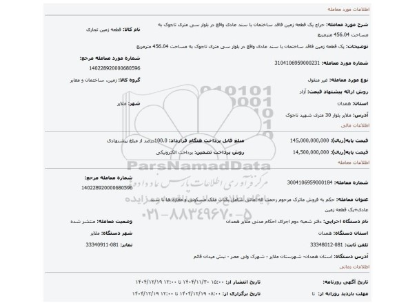 مزایده، یک قطعه زمین فاقد ساختمان با سند عادی واقع در بلوار سی متری تاجوک به مساحت 456.04 مترمربع