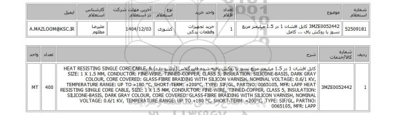 استعلام 3MZE0052442	کابل افشان 1 در 1.5 میلیمتر مربع نسوز با روکش باف ... کامل
