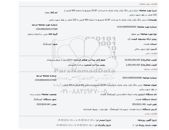 مزایده، شش دانگ یکباب واحد تجاری به مساحت 32.87 مترمربع به شماره 463 فرعی از 223 اصلی در بلوار شهید رجایی