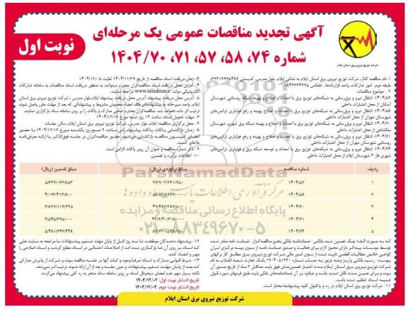 تجدید مناقصه انتقال نیرو و برق رسانی به شبکه های توزیع برق با احداث و اصلاح .....