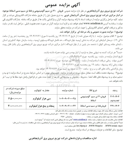 تجدید مزایده فروش 30 تن سیم آلومینیومی اسقاط