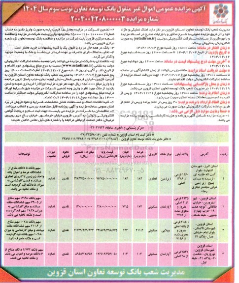 مزایده فروش املاک تملیکی و مازاد