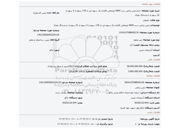مزایده، زمین زراعی  سند 4845 اروجعلی اقازاده یک سهم ابی از 176 سهم از 4 سهم از 21 سهم از ششدانگ بلجک