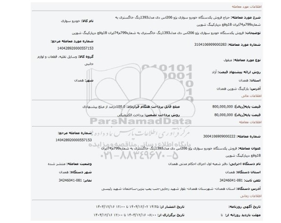 مزایده، فروش یکدستگاه خودرو سواری پژو 206اس دی مدل1393رنگ خاگستری به شماره799م74ایران 18واقع درپارکینگ شورین