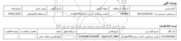 استعلام الکترونیکی، واشر بشقابی آجدار سایز M16 فولادی