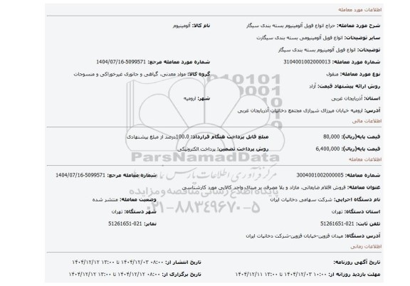 مزایده، انواع فویل آلومینیوم بسته بندی سیگار