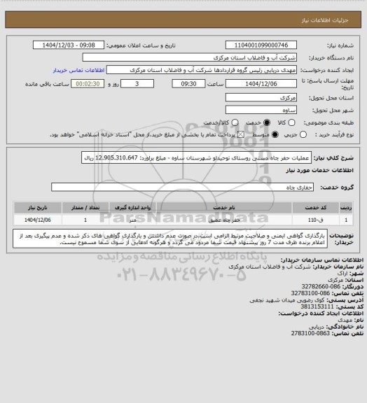 استعلام عملیات حفر چاه دستی روستای توحیدلو شهرستان ساوه - مبلغ براورد: 12.905.310.647 ریال