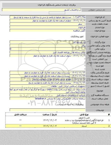 مناقصه, بازسازی شبکه آبرسانی روستاهای نویزک و کرکبود در محدوده امور آبفا طالقان/آبفااستان البرز