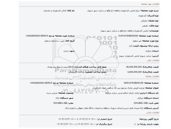 مزایده، اراضی کشاورزی و قطعه باغ  واقع در شازند شهر شهباز