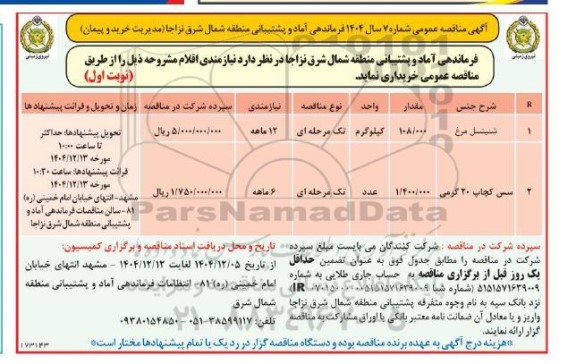 مناقصه عمومی خرید شنیتسل مرغ ...