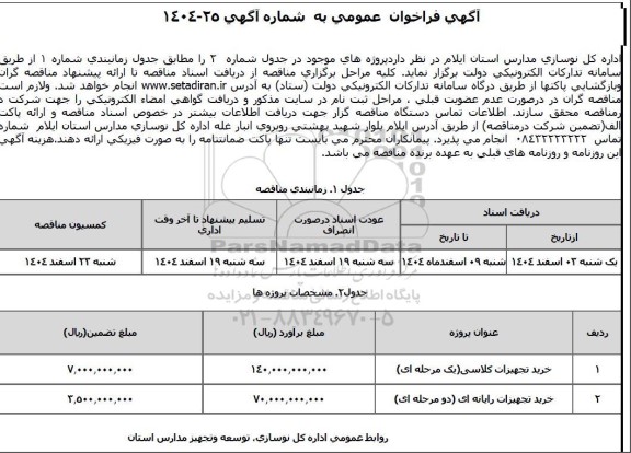 مناقصه خرید تجهیزات کلاسی ...