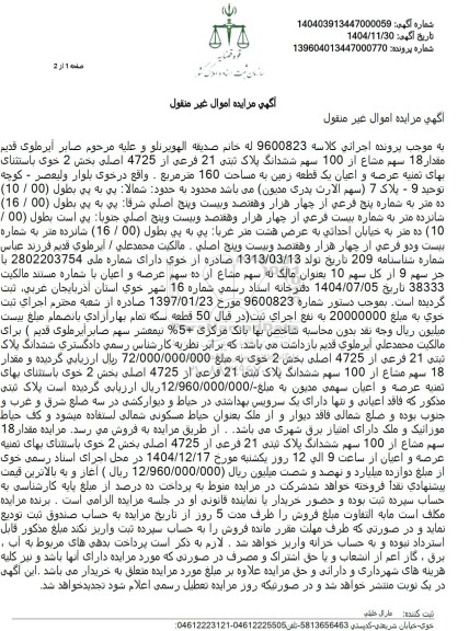 مزایده ششدانگ پلاک ثبتی 21 فرعی از 4725 اصلی