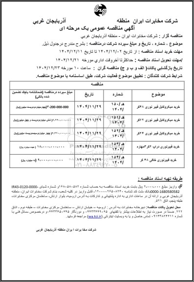 مناقصه خرید میکروکابل فیبر نوری 48 کر و ...