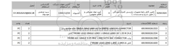 استعلام تامین کابل رابط تجهیزات بازرسی کنترل خوردگی ( طبق شرح و مستندات ‍‍)