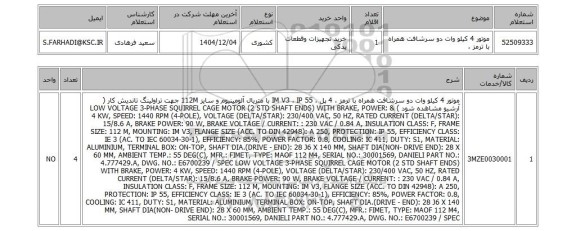 استعلام موتور 4 کیلو وات دو سرشافت همراه با ترمز ،