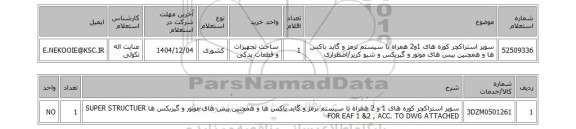 استعلام سوپر استراکچر کوره های 1و2 همراه با سیستم ترمز و گاید باکس ها و همچنین بیس های موتور و گیربکس و شیو کریر/اضطراری