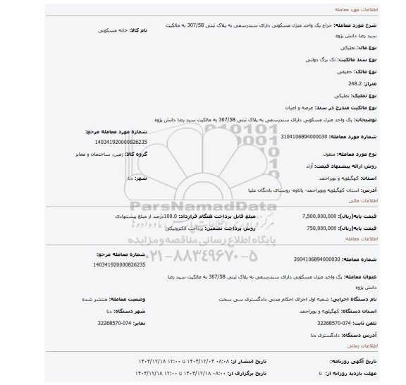 مزایده، یک واحد منزل مسکونی دارای سندرسمی به پلاک ثبتی 307/58 به مالکیت سید رضا دانش پژوه