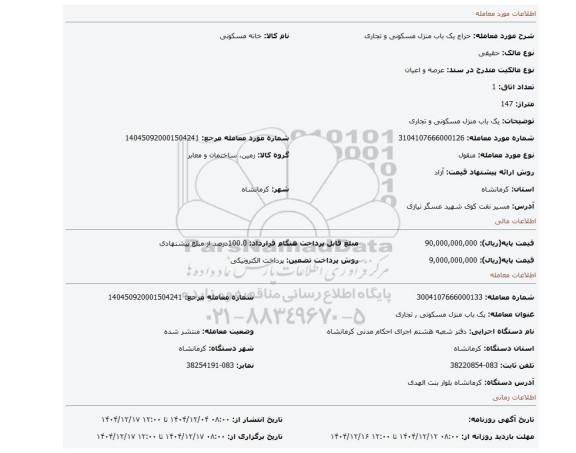 مزایده، یک باب منزل مسکونی و تجاری