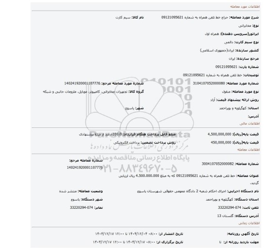 مزایده، خط تلفن همراه به شماره 09121095621