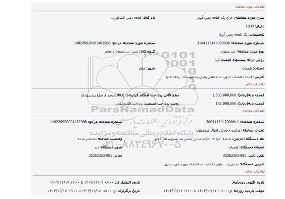 مزایده، یک قطعه زمین آبیزار