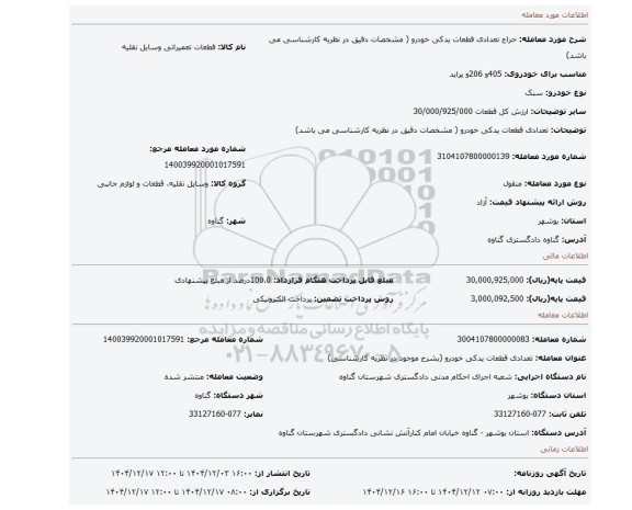 مزایده، تعدادی قطعات یدکی خودرو ( مشخصات دقیق در نظریه کارشناسی می باشد)
