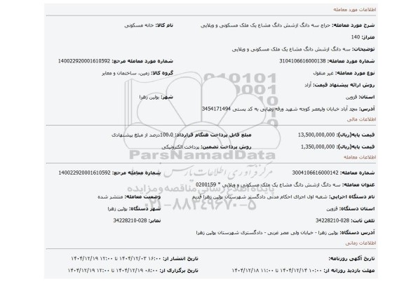 مزایده، سه دانگ ازشش دانگ مشاع  یک ملک مسکونی و ویلایی