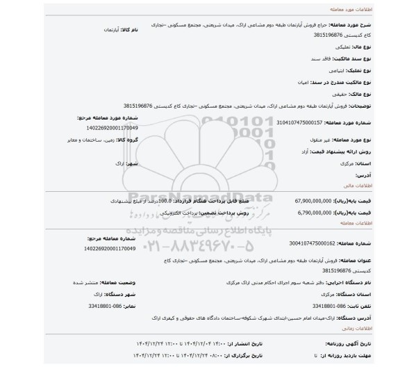 مزایده، فروش آپارتمان طبقه دوم مشاعی  اراک، میدان شریعتی، مجتمع مسکونی –تجاری کاخ کدپستی 3815196876