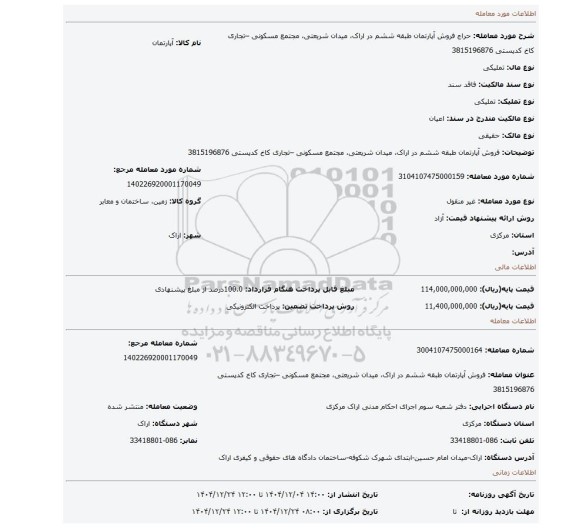 مزایده، فروش آپارتمان طبقه ششم در اراک، میدان شریعتی، مجتمع مسکونی –تجاری کاخ کدپستی 3815196876