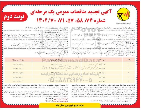 تجدید مناقصه انتقال نیرو و برق رسانی به شبکه های توزیع برق با احداث و اصلاح ....- نوبت دوم 