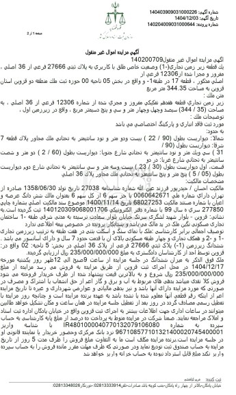 مزایده زیر زمین تجاری قطعه هفدهم تفکیکی مفروز و مجری شده از شماره 12306 فرعی از 36 اصلی