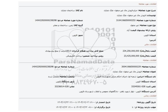 مزایده، فروش مال غیر منقول- ملک تجاری