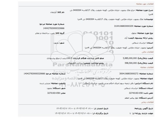 مزایده، ملک بجنورد، خیابان ماژانی، کوچه حقیقت، پلاک 17کلاسه 0400304 ش 4اجرا
