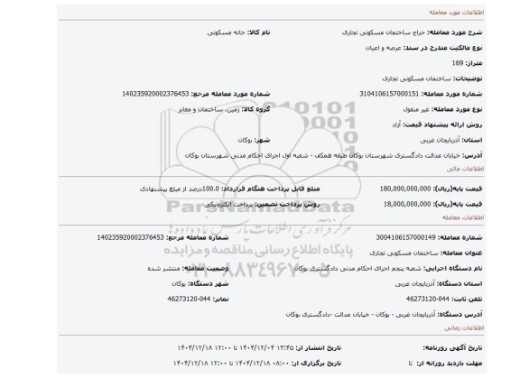 مزایده، ساختمان مسکونی تجاری