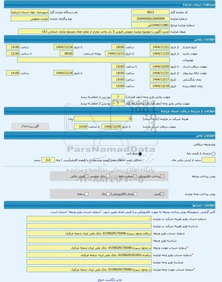 مزایده ، تجدید آگهی با موضوع مزایده عمومی فروش 3 باب واحد تجاری از مغازه های مجتمع تجاری خدماتی آناآتا -مزایده واحد تجاری  - است