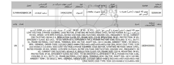 استعلام موتور 45 کیلووات (خاص) همراه با گریس خور